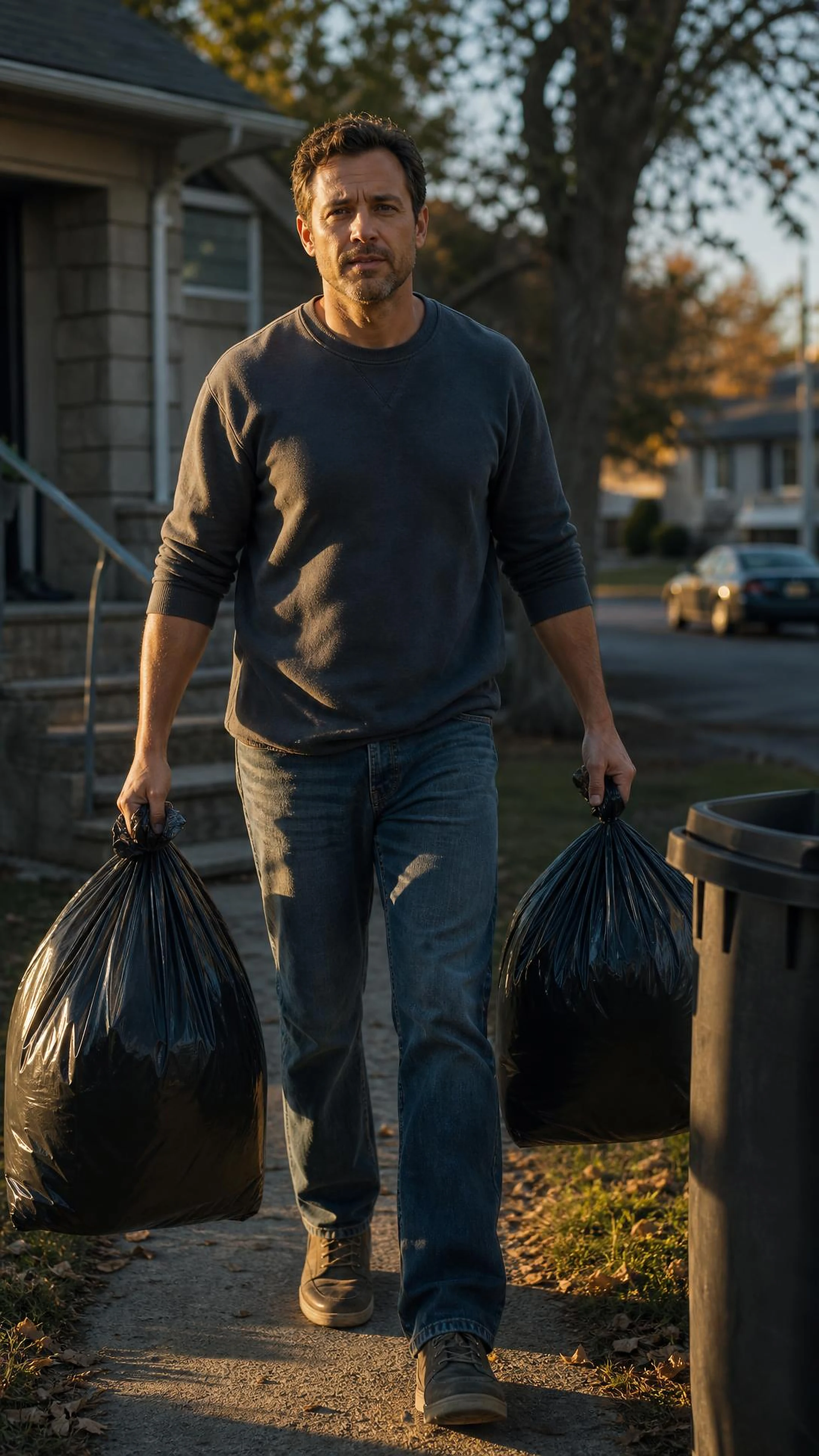 A father carrying household trash bags out to the curb