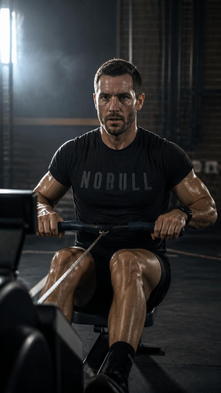 A man rowing on an indoor rowing machine