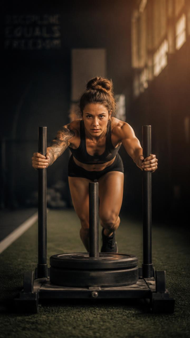 An athlete pushing a weighted sled across turf