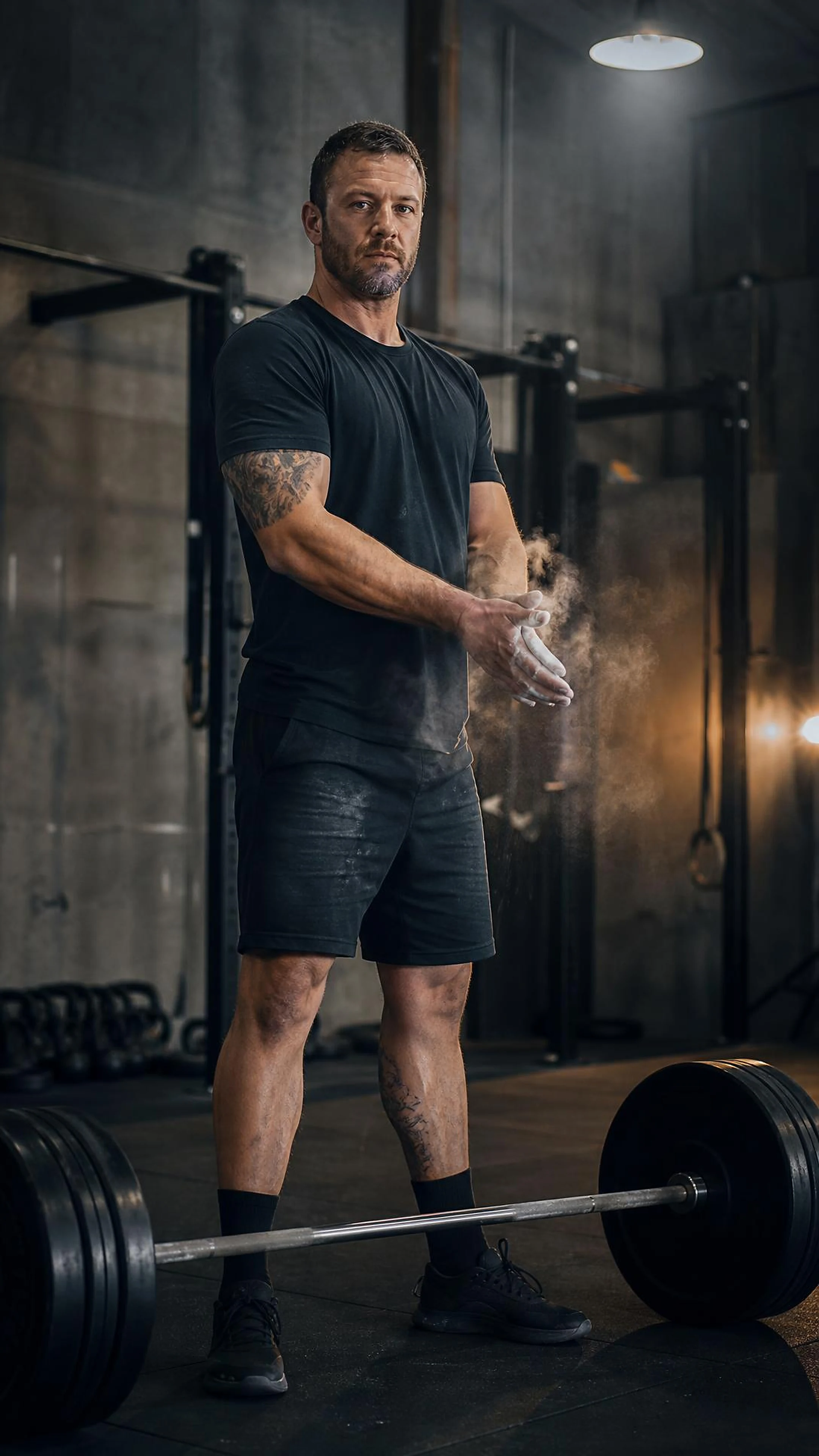 A strength athlete chalking up before a barbell deadlift