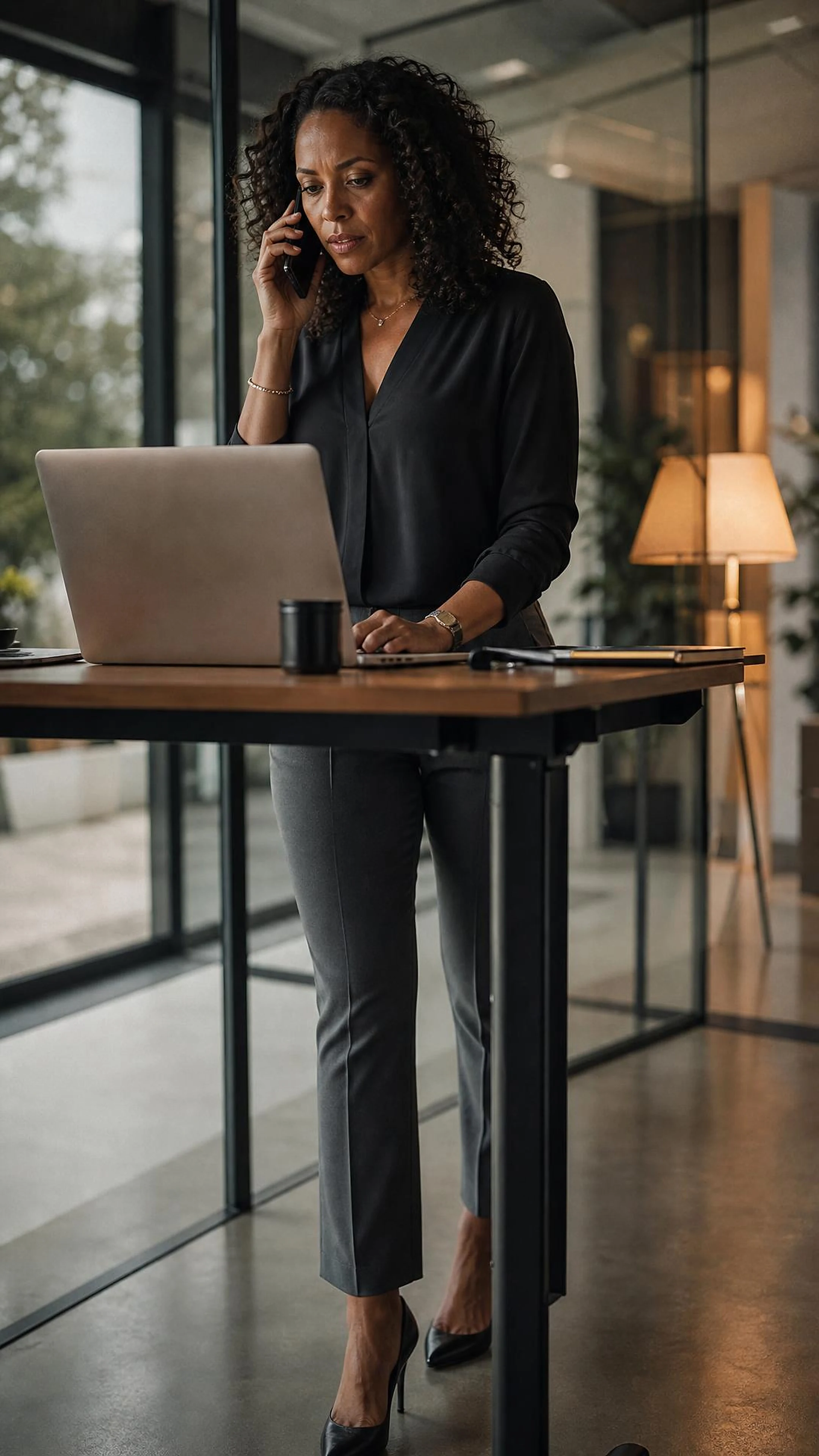 An entrepreneur standing at her desk during a phone call