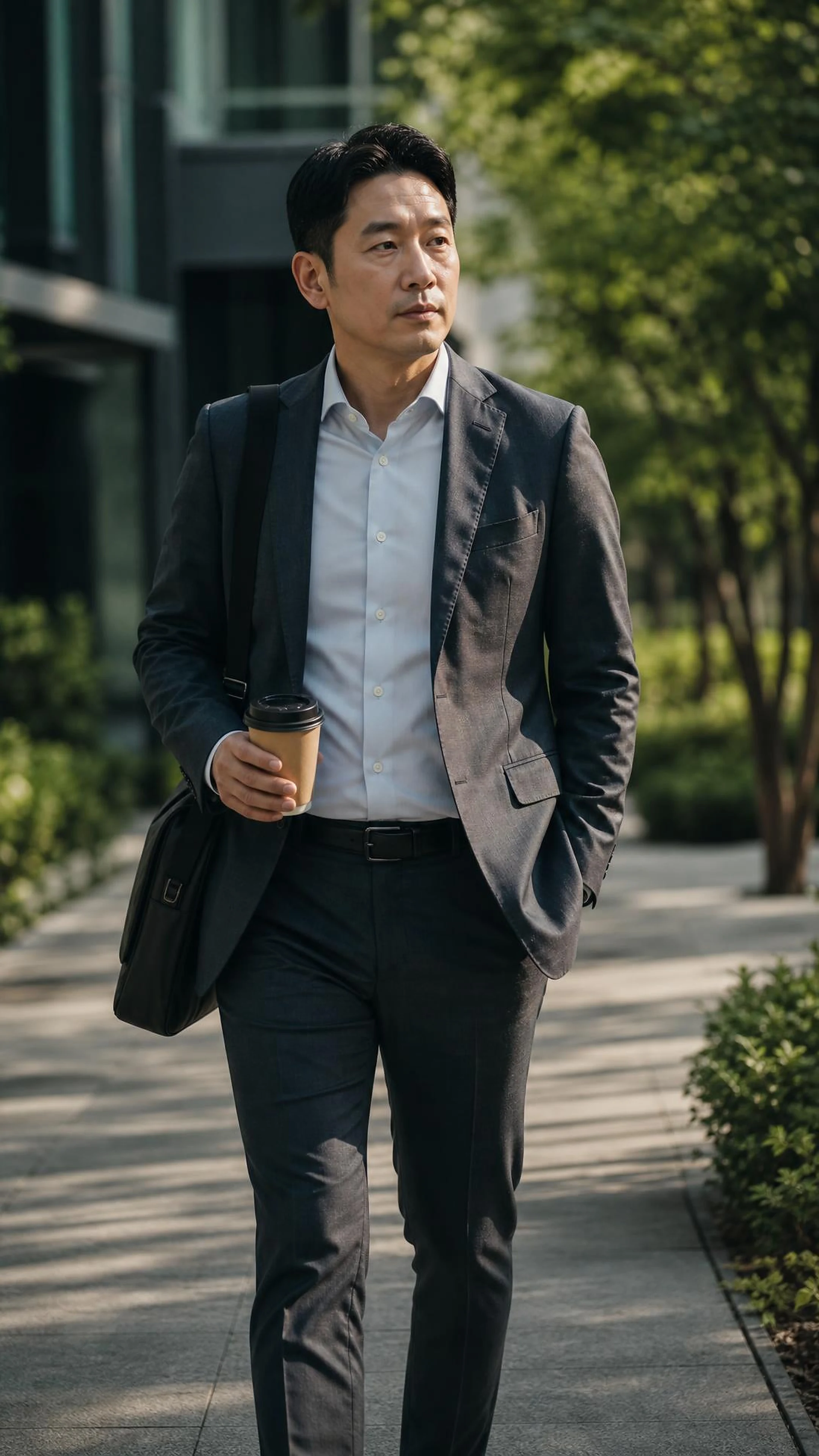 An office professional walking on a landscaped path between meetings